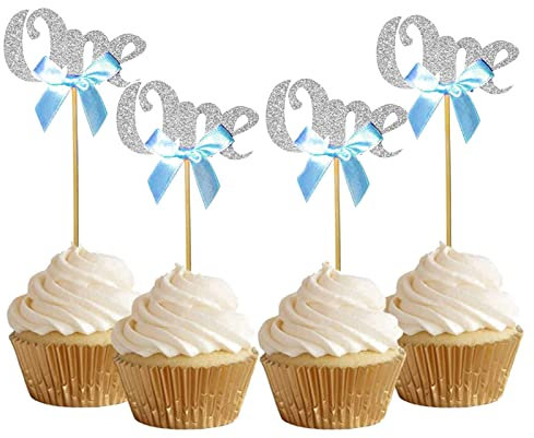 Bymivofun 24 Stück Glitter One Cupcake Topper, Cupcake Dekorationen zum 1. Geburtstag, für Jubiläum, Geburtstag, Kinderparty Dekorationen (Silber)