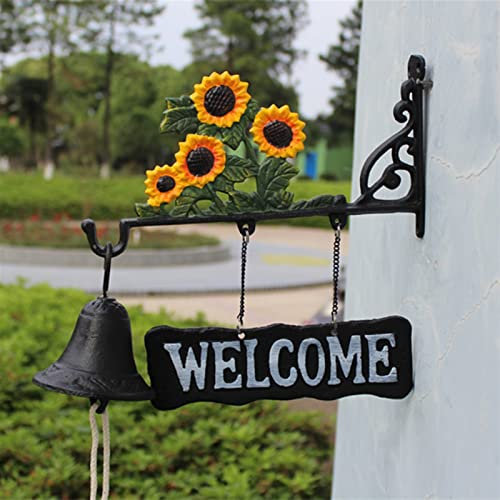 HEPPPP Sonnenblume Gusseisen Hand Cranking Glocke mit hängendem Willkommensschildern Plaque Home Garten Handfarbe Doppelseitige Ring Türklingel Mahlzeitglocke