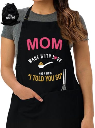 BARTME DESIGN Lustige Kochschürze zum Muttertag verpackt in wiederverwendbarem Kordelzugbeutel – Frauen Küche Chef Backen – 100% Baumwolle 240 g – Mom Made with Love & a Bit of I Told You So