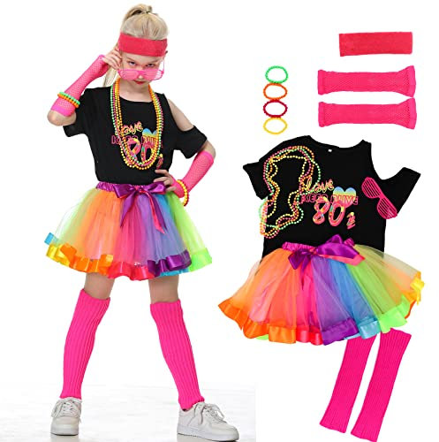 Firecos 80er Jahre Kostüm für Kinder Cosplay Thema Anzug Fancy Kleid 80er Jahre Outfit Kleid Zubehör Set mit Kurzarm Tutu Rock für Party Dress up für Mädchen (110CM)