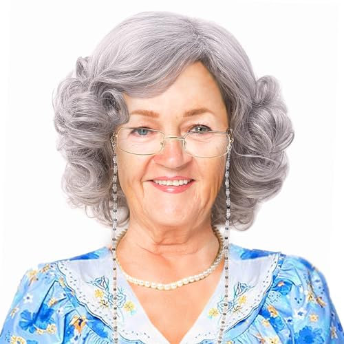 REEWES Graue Old Lady Perücke für Frauen Kostüm Kurz gelockt Silber Oma Perücke Gray Oma Perücken und Brille, Halskette, Ohrringe, Armbänder Set