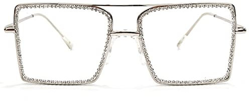 Quadratische Sonnenbrille Metallrahmen Damen Overize Brille Herren Brillengestell Brille Klare Farbtöne,Silber,weißer Diamant,Einheitsgröße
