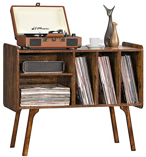 Lerliuo Record Player Stand with 4 Cabinet Holds Up to 220 Albums, Large Turntable Stand with Beech Wood Legs, Mid-Century Record Player Table,Retro Brown Vinyl Holder Storage for Bedroom Living Room
