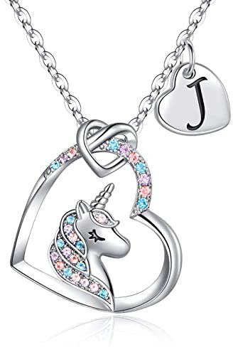 TINGN Unicorn Gifts for Girls, 14K White Gold Plated Unicorn Necklace for Kids Jewelry CZ Heart Necklaces Initial J Unicorns Necklace 5 Year Old Girl Gift Unicorns Gift for Kids Teenage Girl Gifts