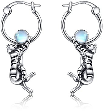 Katze Creolen Ohrringe 925 Sterling Silber Katze Ohrhänger Mondstein Ohrringe Katze Schmuck Geschenk für Damen