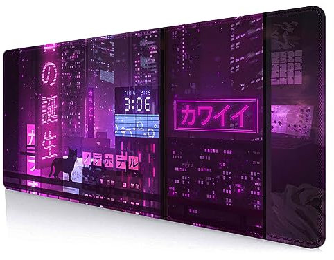 LTHAOGUO Purple Neon City Gaming Mouse Pad, Japanese Desk Mat, Tokyo Street Pad, Extended Anime Mouse Pad, Keyboard Mat for Computer Laptop Gamers