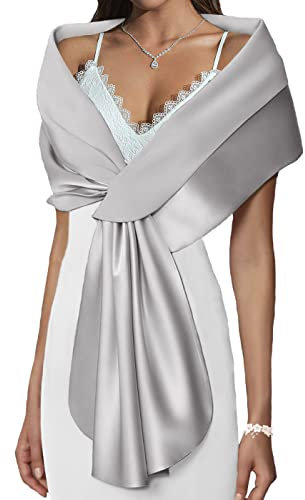Atigy Stola Scialle da Donna in Raso Elegante Scialle da Sposa Bolero Cerimonia Festa Stola per Abito da Sera (S, Argento)