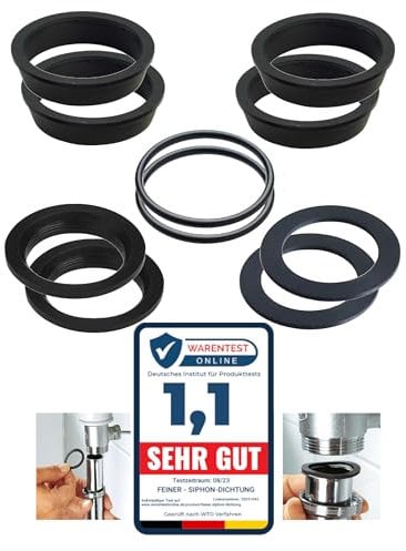 FEINER® | Lot de 2 | 10 pièces | Joint de vidange de lavabo – Kit d'étanchéité pour 1 1/4 (32 mm) | Joints de siphon pour siphons courants | Siphon de bouteilles et de design | 4 x cales, 4 x plats,
