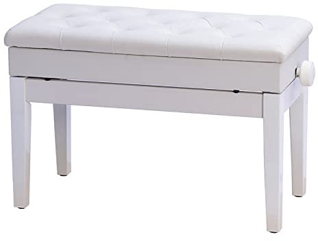 RWRAPS Höhenverstellbare hölzerne Klavierbank, weicher Leder-Duett-Keyboard-Hocker, mit starkem Massivholzrahmen und Staufach, praktisch (Farbe: Schwarz) (Weiß 1)
