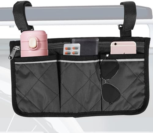 Skibetfo Wheelchair Bag Organizer with Pockets,Multifunction Walking Frame Bag for Zimmer Frame,Black Walker Storage Pouch Organiser,Arm Rest Side Bag for Electric Wheelchair,Mobility Scooter,Rollator