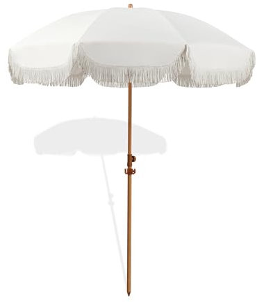 Seazul Sombrilla de patio de 6.5 pies con flecos, sombrilla de playa, paraguas de borla para exteriores con soporte para toallas, poste de aluminio inclinable, UV 50+, varillas de fibra de vidrio,
