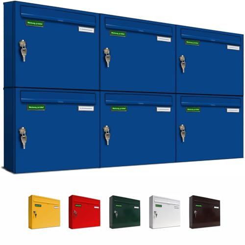 AL Briefkastensysteme Basic 6er Briefkasten RAL 5010 Enzian Blau 6 Fächer DIN A4 wetterfest Briefkastenanlage mit Posthaltebügel und 2 Namensschildern