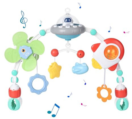 Orzbow Kinderwagen Spielbogen Spielzeug, Kinderwagenkette mit Einstellbarer Lautstärke Musikplayer-Box, Faltbares Hängendes Baby Musik Sensorik Spielzeug, für Jungen und Mädchen in 3 6 9 12 Monaten