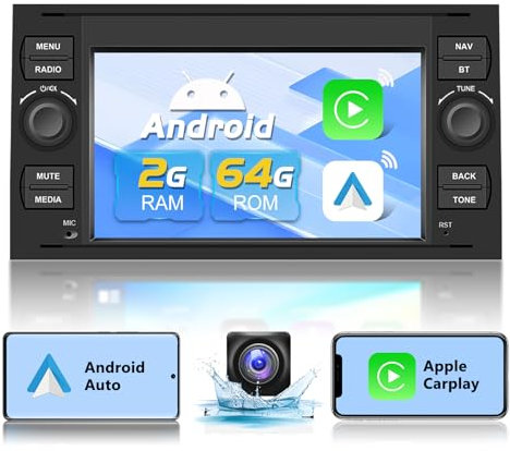 Podofo Autoradio per Ford Focus/C-max/S-max/Galaxy/Fusion/Fiesta/Mondeo/Kuga/Transit Connect con Carplay Android Auto, Radio Android 2G+64G con Bluetooth/WiFi/GPS+Telecamera di retromarcia AHD, Nero