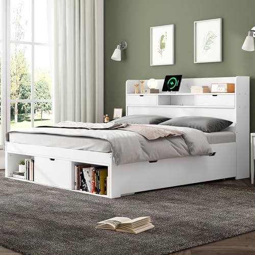 Kinderbett Doppelbett 180x200, Stauraumbett Funktionsbett mit USB-Port & Schubladen & Stauschrank, Multifunktionales Bett Jugendbett Bettrahmen mit Großer Stauraum und Lattenrost, Massivholz, Weiß