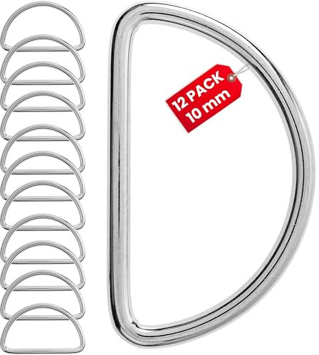 D-Ringe aus Metall, 12 Stück, für 10 mm breite Gurtbänder, Silber-farben, 2 mm starker Ring, Metallring geschlossen ohne Öffnung, halbrunder Ring vernickelter Stahl, D-Ring Schnalle für DIY, Gurte