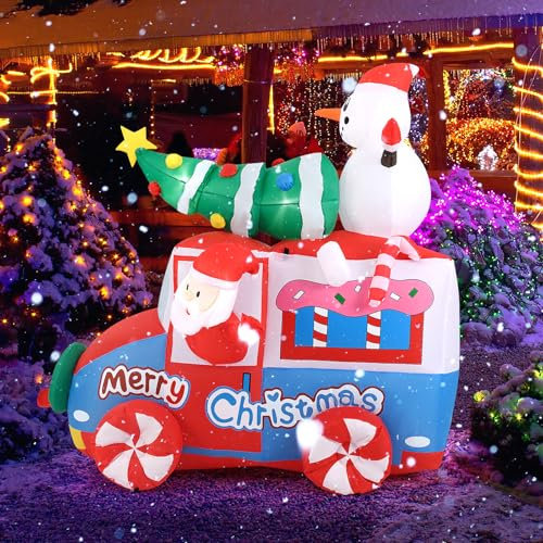 GOPLUS aufblasbarer Weihnachtsmann Deko, 177cm Santa Claus auf Fahrzeug mit LED Lichtern & Gebläse, Weihnachtsdekoration aufblasbar draußen mit Schneemann & Weihnachtsbaum für Hof Garten Rasen