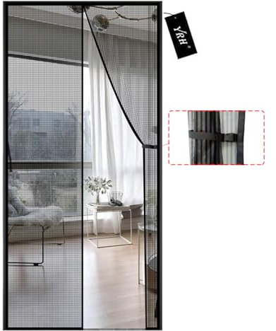 YRH Magnetic Fly Screen Door,Fiberglass Enhanced Screen Mesh,with Stay Open Buckles,Heavy Duty Self-Sealing Mesh,Powerful Magnets,No Drill Installation (90x200 cm, Black)