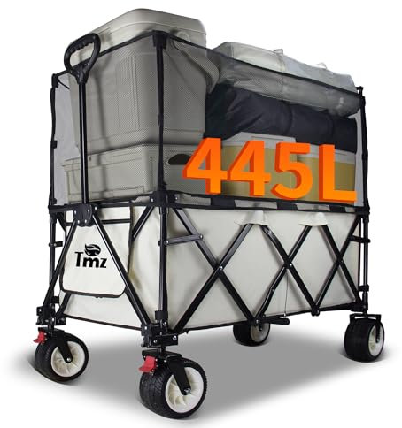 TMZ XXXL Bollerwagen Faltbar 445L 120KG Belastbar, Faltbarer Bollerwagen mit Dach und Bremsen 18x10 cm Extra Breite Reifen Alle Gelände (Beige)