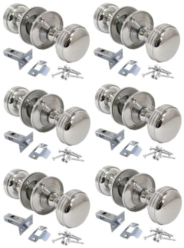 Epsom Door Handle Chrome Polished Round Door Knob Set with Tubular Latch Heavy Reeded Style Sprung Door Knobs for Internal External Doors. (6 Pair of Handles Tubular Latch)