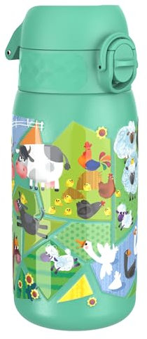 ION8 Botella Agua Inox Ligero para Niños, 400ml, Sin Aislamiento, a Prueba de Fugas, Fácil de Abrir, Cerradura Segura, Apta para Lavavajillas, Tapa Abatible, Fácil de Limpiar,Animales de Granja
