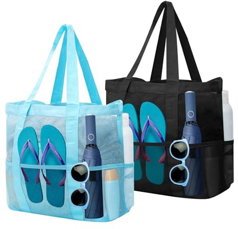 2pcs große Strandtasche für Damen,mit Reißverschluss Netz 8 Tasche Badetasche,wiederverwendbare Einkaufstasche für Reisen Shopper Tote Bag für Strand Einkaufen Picknick und Alltag (Schwarz+Blau)