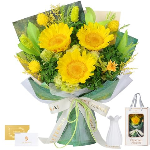 Bouquet di Girasoli con Vaso, Fiori Bouquet Eterni, Fiori Preservati Reali, Regali per Donna, Moglie, Fidanzata, Regali per Lei per Compleanno, Anniversario, Festa della Mamma (Girasole)