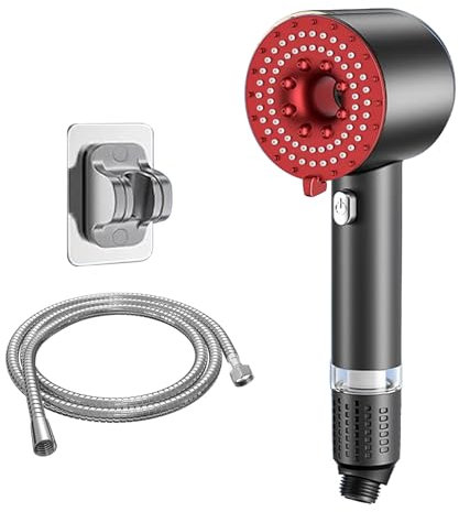 Pommeau de douche avec filtre, design turbo, haute pression, avec support et tuyau, économiseur d'eau, avec 3 types de jet, pommeau de douche avec fonction d'arrêt (D)