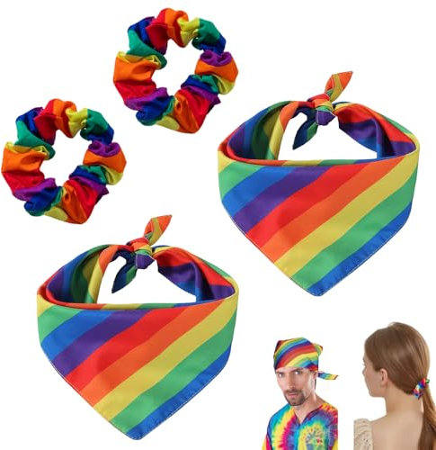 2 Paar Regenbogen Accessoires mit Haargummi,Regenbogen Bandana,Pride Outfit,LGBTQ Accessoires,Mehrfarbiges Halstuch Geschenkidee,Buntes Streifen Kopftuch für Party,Parade Zubehör,Kostümzubehör