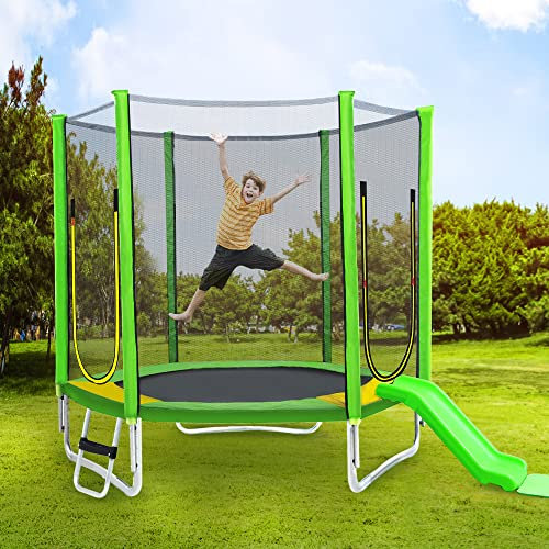 Physport 7ft Kids Trampoline with Slide, Safety Encloser Netting and ladder for indoor and outdoor use, Heavy Duty Steel Frame Jumping Trampolines, Green