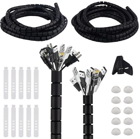 AWBEOT 2 * 5 M Avvolgicavo a spirale, Flessibile Raccogli Cavi, Raccoglicavi Spiralato, Guaina Cavi di Diametro di 16mm / 22mm, Copricavo Spirale,con Guidafilo,per Mettere in Ordine Cavo PC,TV,Nero