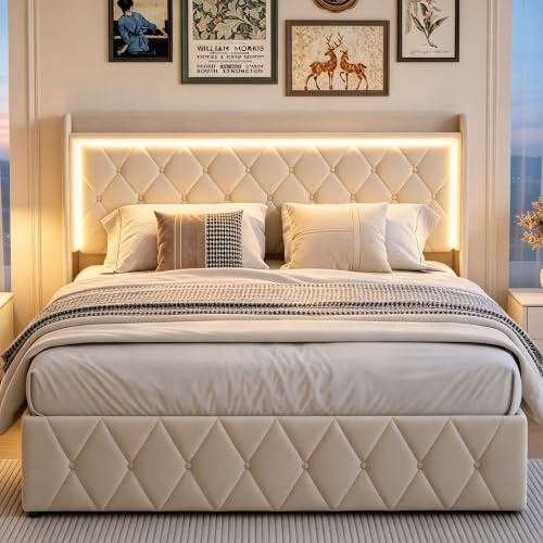 MOTUZP Polsterbett Doppelbett Bettanlage 160 x 200 cm, Polsterbett mit Kopfteil, Kopfteil mit LED und USB Ladestation, Stabiler Bettrahmen mit Lattenrost, Beige Samt (Beige-B)