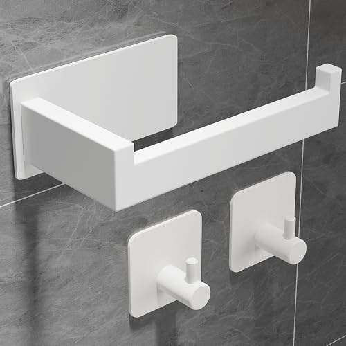 Eowihor Toilettenpapierhalter Ohne Bohren, Selbstklebend Klopapierhalter WC Papierhalter Edelstahl Toilettenpapierrollenhalter mit 2 Stück Handtuchhaken für Bad und Küche, Schwarz, Weiß