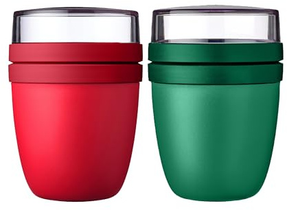 Mepal | Lunchpot Ellipse Mixed | Campus Red + Vivid Green | Müslibecher to go | Unterteilung für Joghurt & Müsli | 500 ml + 200 ml | Geeignet für Gefrierschrank, Mikrowelle & Spülmaschine
