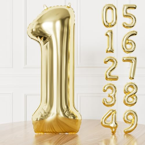 Adeyoo Light Gold Number 1 Balloon - 40 In Large Gold Foil Digital Balloons | Self Inflating Number Balloons 0-9 for Boys Girls Women Men Birthday New Year Eve Graduation Anniversary Party Decorations