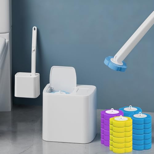 Dexmary Disposable Toilet Brush Set with Holder, Angled Cleaning Wand with 24 Refill Heads, Wall-Mounted Hygienic Toilet Cleaner (Ocean, Lemon, Lavender Scents)