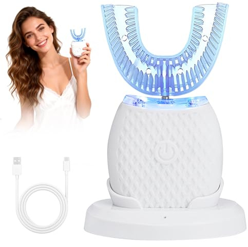 Cepillo de dientes eléctrico, cepillo de dientes eléctrico de 360 grados, con limpieza automática y cerdas de silicona suave para limpieza 3 en 1, resistente al agua, color blanco