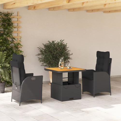 YuuSsea 3-TLG. Garten-Essgruppe Schwarz, verstellbare Rattan Sessel, höhenverstellbarer Tisch, Kissen, UV-beständig, Outdoor Möbel Set für Terrasse, Balkon, Garten