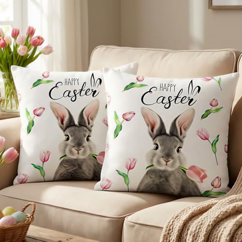 JANGYUHH Ostern Kissenbezug 45x45 2er Set Sofakissen Blumen und Hase Motiv Frühlingshafte Kissenhülle Dekorative Sofakissen Osterdeko mit Tulpen und Osterhase Beidseitig Druck Zierkissenbezug