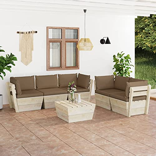 Hoopleep 6-TLG. Garten-Sofagarnitur aus Paletten, Fichtenholz imprägniert, mit Kissen in Taupe, Modulares Lounge-Set für Terrasse, Outdoor und Wohnzimmer