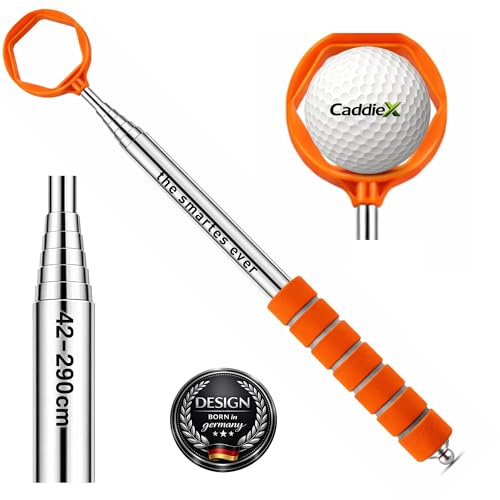JAY K Golf Ball Angel Edelstahl – 9-Fach Teleskop bis 2,90 m – Kompakt 42 cm – Ergonomischer Softgriff – Sicheres 6-Kant-Greifsystem – Golfball Retriever Golfballangel in 5 Farben (Orange)