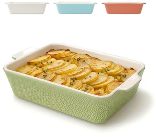 Praknu Ceramic Casserole Dish 28cm - Large Baking Dish for Lasagne, Tiramisu - Non-stick Rectangular Bakeware & Serving Dish - High Edge & Deep Lasagne Dish - Oven Proof & Dishwasher & Safe (Green)