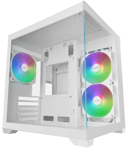 Mars Gaming MC-VIEW3, MicroATX-PC-Gehäuse, Panoramisches gehärtetes Glas, 3X ARGB 120mm Lüfter, Doppelkammer, Unterstützung für Flüssigkeitskühlungen bis 240mm, kompakter Mini-Tower mit USB-C, Weiß