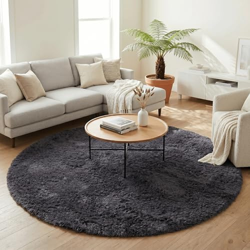 Pergamon Fluffy Shaggy Teppich Rund Anthrazit – Hochflor Teppich extra weich, moderner Wohnzimmer Teppich, kuschelig & pflegeleicht