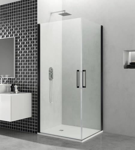 GME - Mampara Ducha Negra Angular 2 Puertas 50x60cm | Mampara de Cristal con Perfilería de Aluminio y 195cm de Altura | Cristal Templado 6mm Antical Y Cierre Magnético
