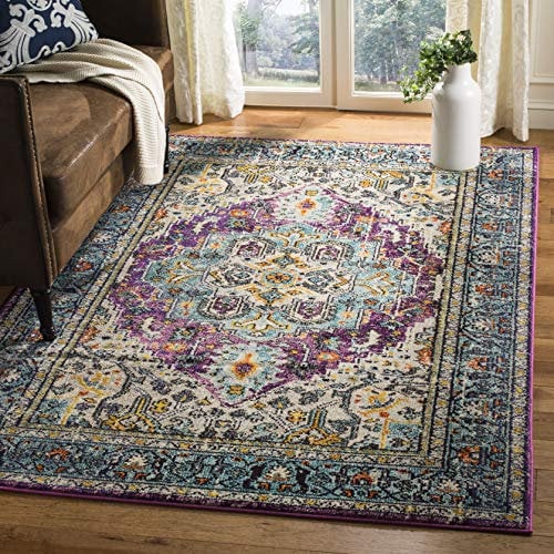 SAFAVIEH Boho Teppich für Wohnzimmer, Esszimmer, Schlafzimmer - Monaco Collection, Kurzer Flor, Violett und Hellblau, 122 X 170 cm
