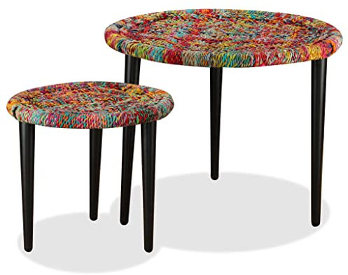 vidaXL Coffee Table Set - Round Nesting Tables with Multicolour Chindi Weave Details and Durable Powder-Coated Steel Frame - Set of 2