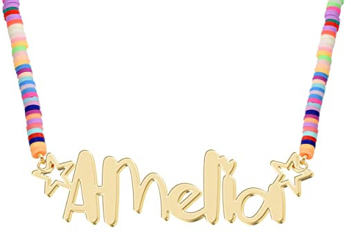 Personalized Girls Name Necklace with Star Custom Rainbow Magic 18K Gold Plating Pendant Jewelry Christmas Birthday Party Gift for Teen Kids Daughter Granddaughter