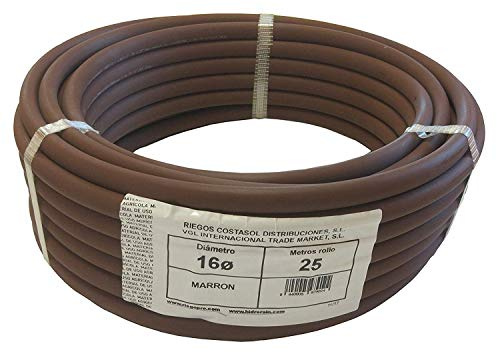 Tubo di irrigazione a goccia liscio marrone 16mm. Rotolo di 25 metri. Annaffiatura per giardino, vasi, giardino urbano, ecc ...