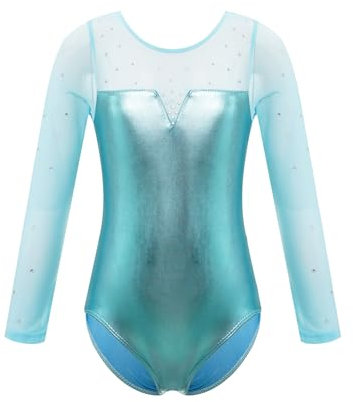 TiaoBug Mädchen Turnanzug Langarm Metallisch Ballettanzug Body Mesh Spleiß Gymnastikanzug Ballettkleidung Leotard Overalls Trikot gr. 98-152 Türkis 134-140